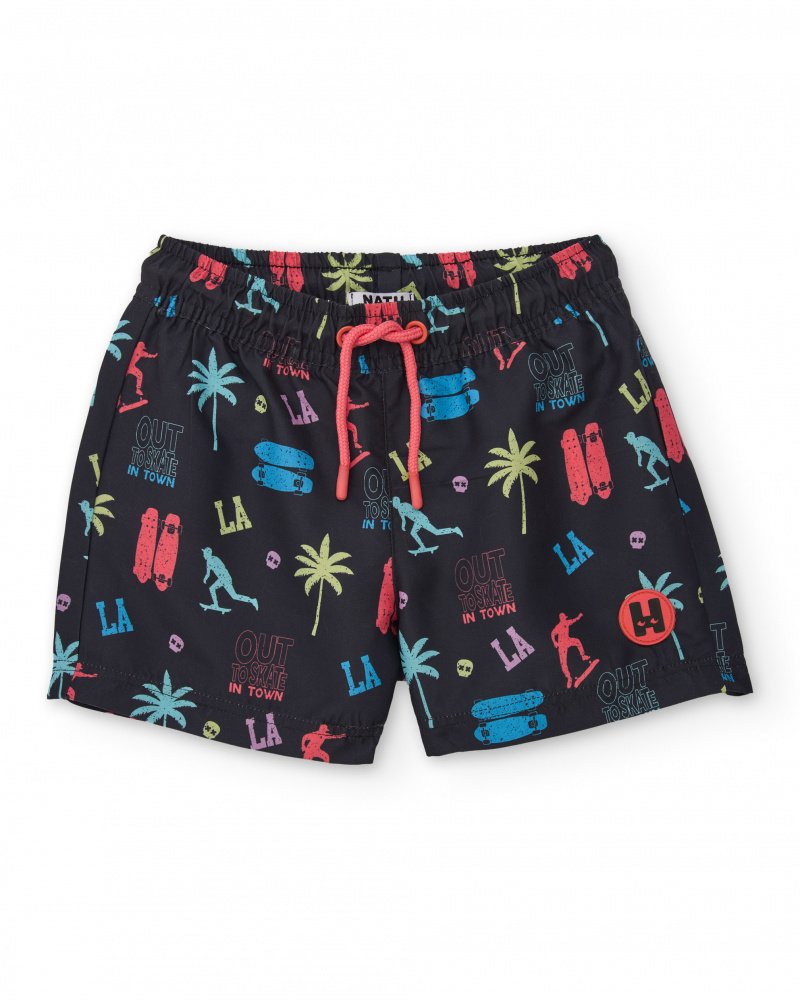 Short de bain garçon en tissu tissé avec motifs skate