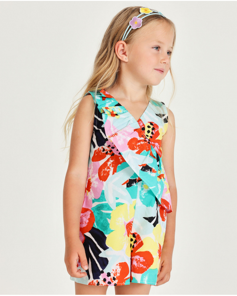 Combishort pour fille à imprimé floral multicolore avec volant