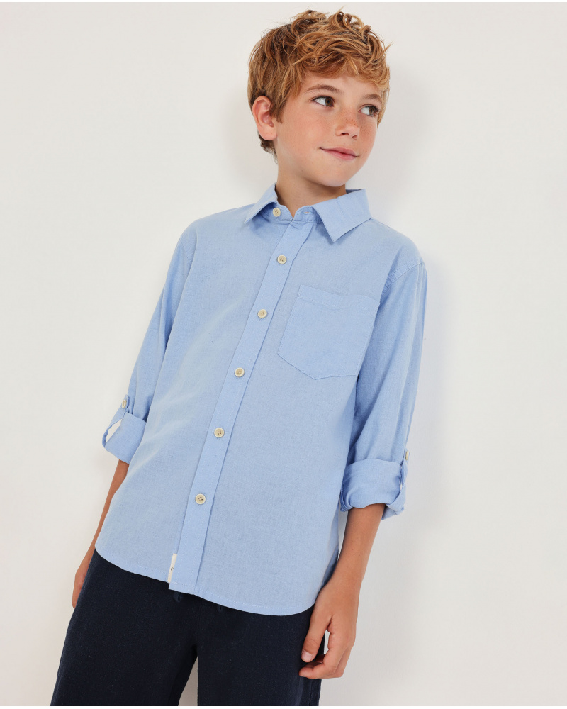 Chemise garçon en tissu tissé avec manches à pattes de retroussage