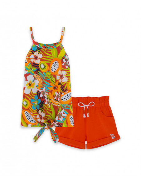 Tee-shirt et short en jersey lacets fille orange summer festival Tee-shirt et short en jersey lacets fille orange summer festival