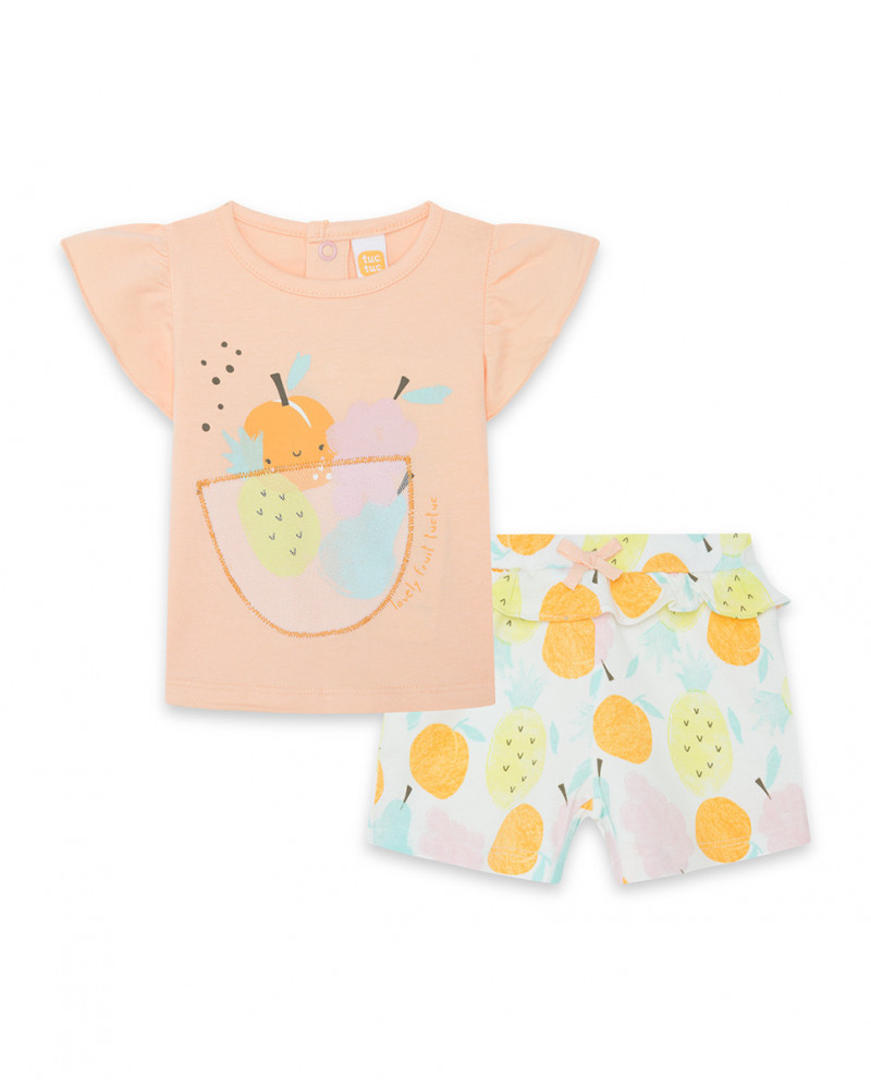 Tee-shirt et short en jersey volants fille orange picnic time