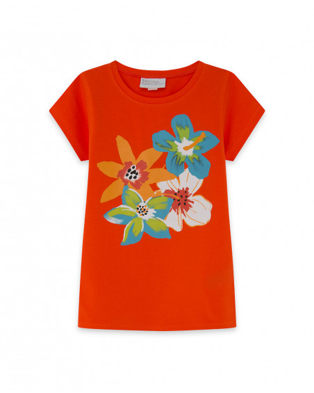 Tee-shirt en jersey fleurs fille orange summer festival Tee-shirt en jersey fleurs fille orange summer festival