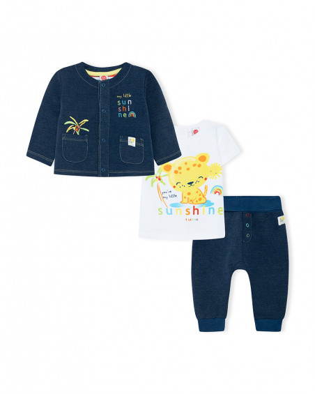 Ensemble 3 pièces jersey et jeans boutons garçon bleu hi! Ensemble 3 pièces jersey et jeans boutons garçon bleu hi!