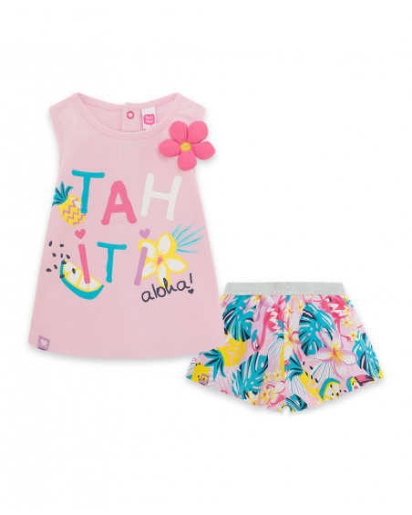Tee-shirt et short en jersey fleurs fille rose tahiti