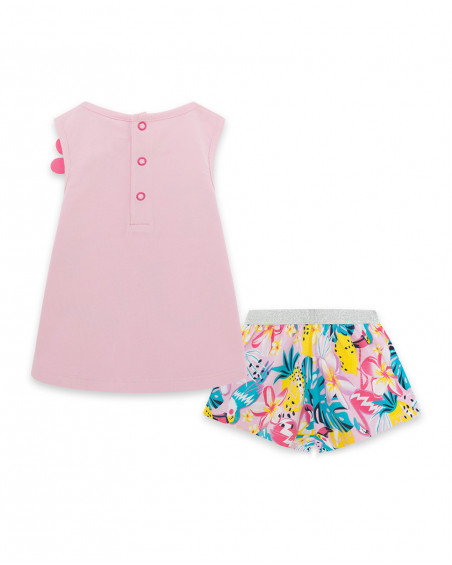 Tee-shirt et short en jersey fleurs fille rose tahiti