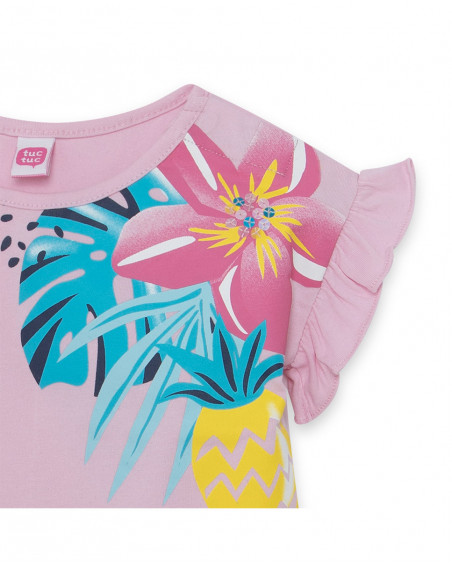 Tee-shirt en jersey volants fille rose tahiti Tee-shirt en jersey volants fille rose tahiti
