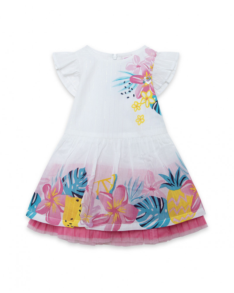 Robe en popeline et tulle volants fille blanche tahiti