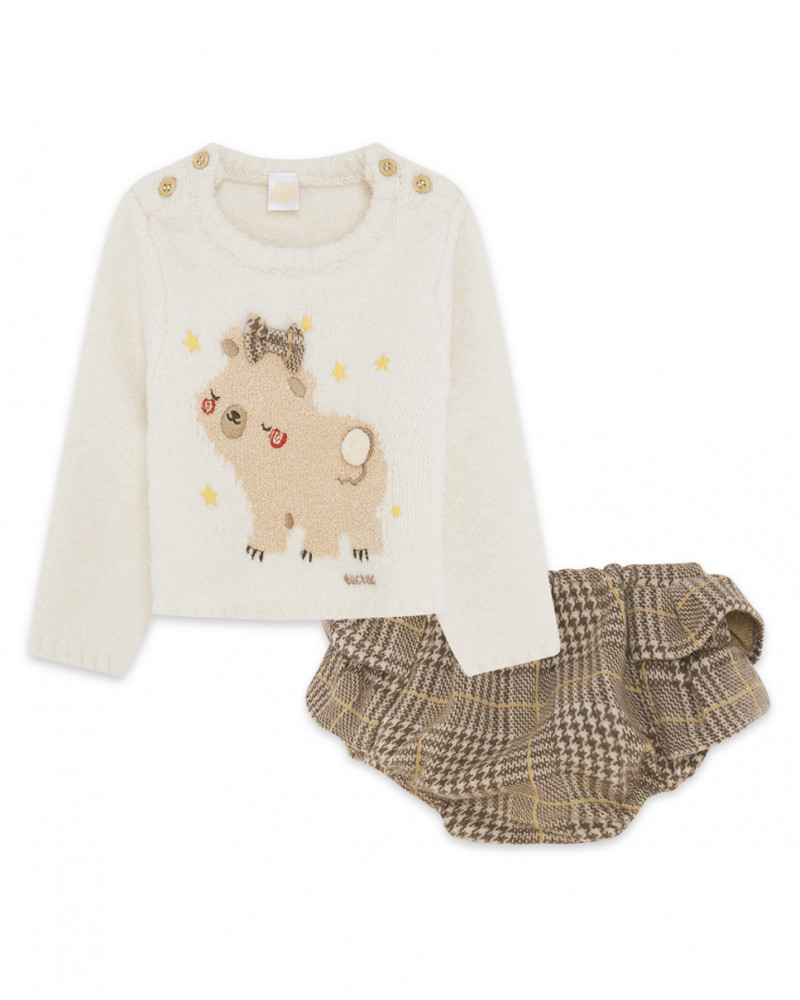 Pull-over en tricot et slip noeud fille beige brownie bears