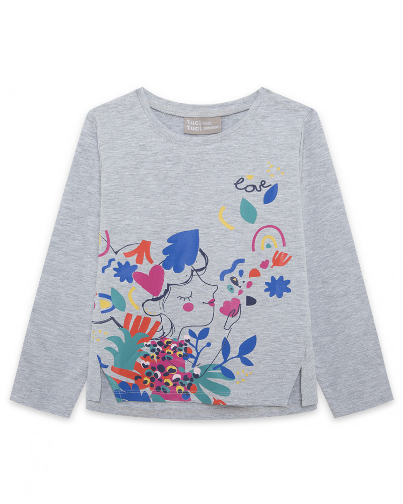 Tee-shirt en jersey imprimée fille gris breakfast time