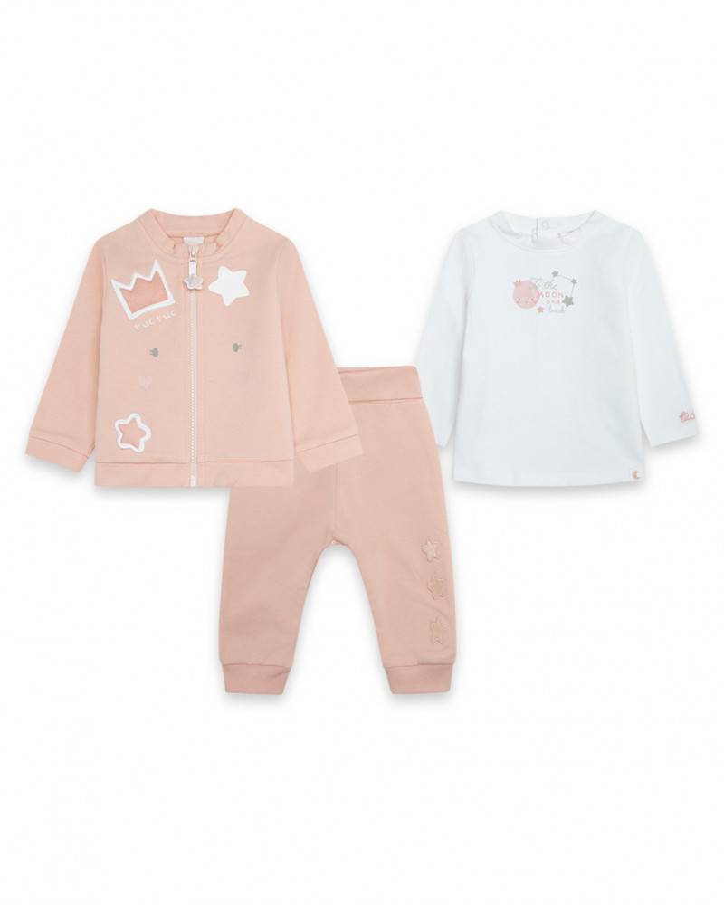 Ensemble 3 pièces molletonné e jersey sans pieds fille rose