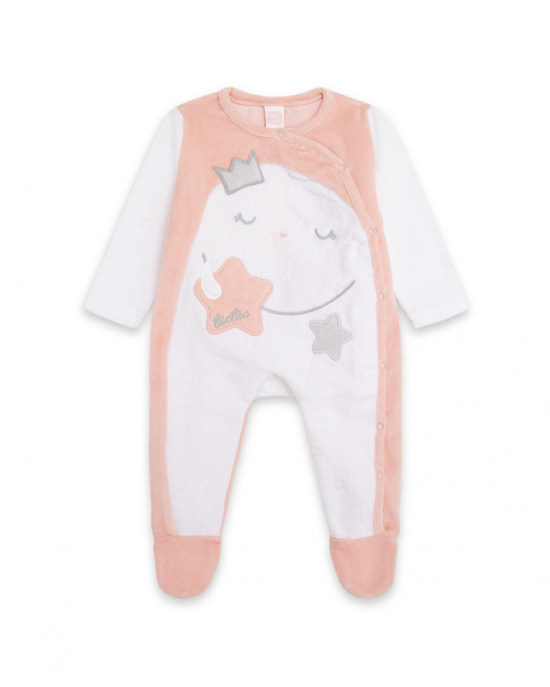 Grenouillère velours ouvert. latérale avec pieds fille rose