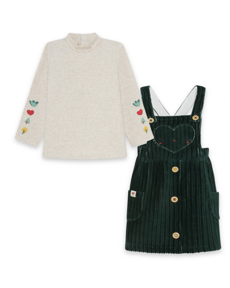 Robe velours côtelé et t-shirt boutons fille verte highlands