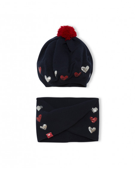 Bonnet et cache-cou en tricot coeurs fille bleu hello london Bonnet et cache-cou en tricot coeurs fille bleu hello london