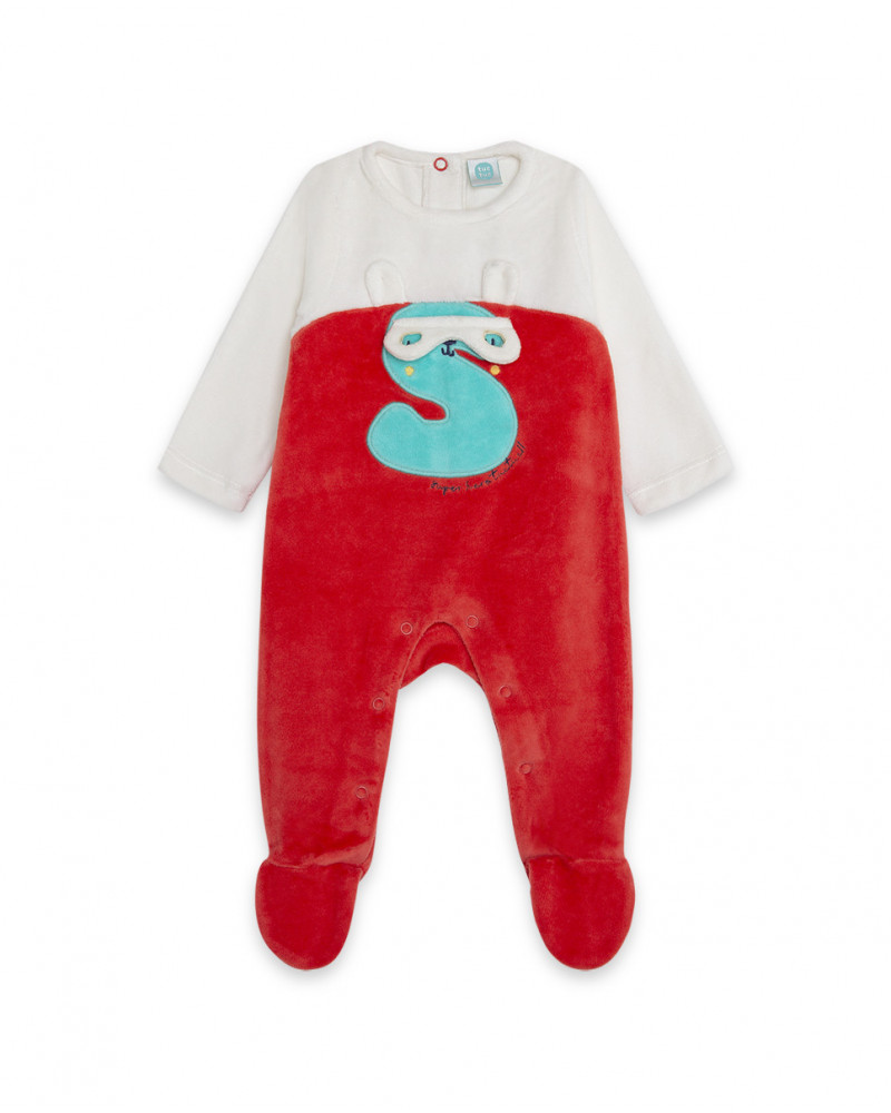 Grenouillère en velours long avec pieds garçon rouge alphabet