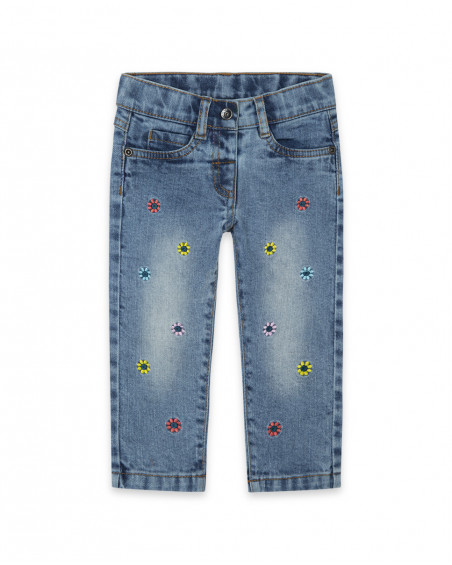 Pantalon en jeans fleurs fille bleu color hikers Pantalon en jeans fleurs fille bleu color hikers