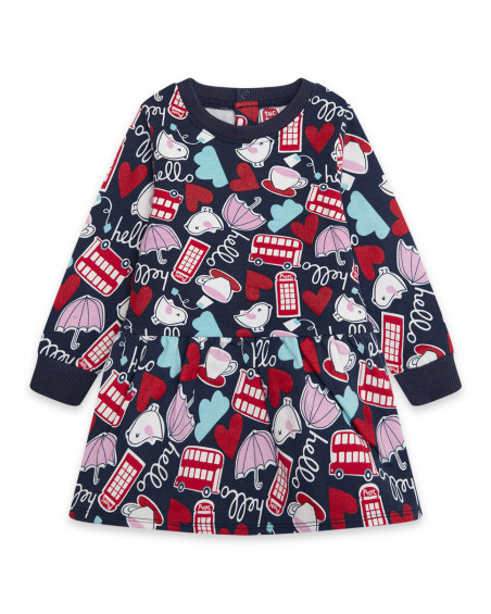 Robe en coton molletonné imprimé fille bleue hello london Robe en coton molletonné imprimé fille bleue hello london