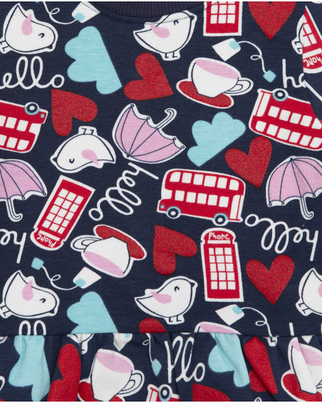 Robe en coton molletonné imprimé fille bleue hello london Robe en coton molletonné imprimé fille bleue hello london