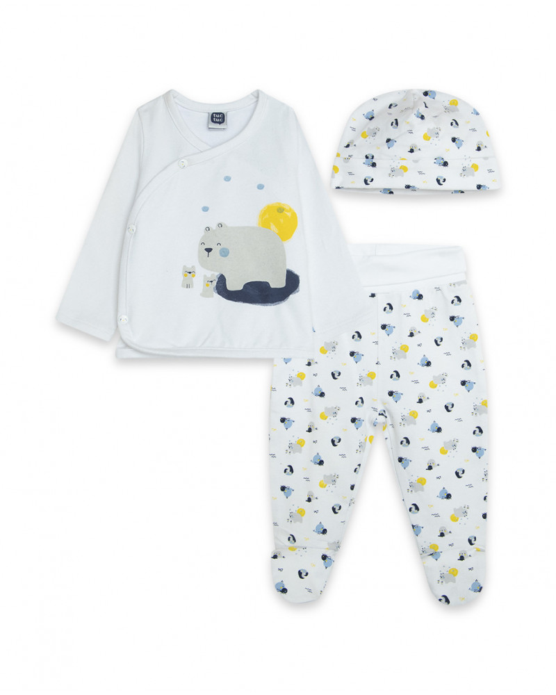 Ensemble en jersey et bonnet long avec pieds garçon blanc it's