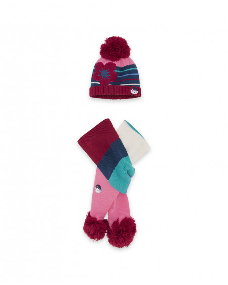 Bonnet et écharpe en tricot pompon fille rose kyoto girls Bonnet et écharpe en tricot pompon fille rose kyoto girls