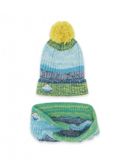 Bonnet et écharpe en tricot imprimé garçon bleu color hikers Bonnet et écharpe en tricot imprimé garçon bleu color hikers