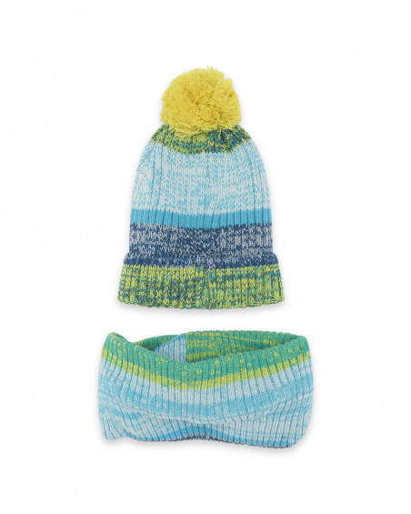 Bonnet et écharpe en tricot imprimé garçon bleu color hikers Bonnet et écharpe en tricot imprimé garçon bleu color hikers