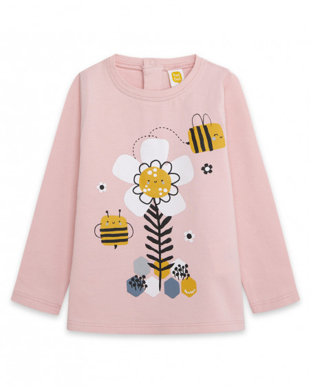 Tee-shirt en jersey imprimée fille rose bee happy Tee-shirt en jersey imprimée fille rose bee happy