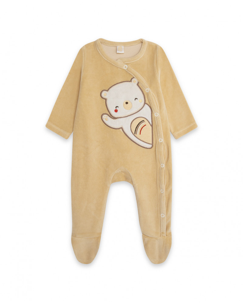 Grenouillère en velours long avec pieds teddy garçon beige