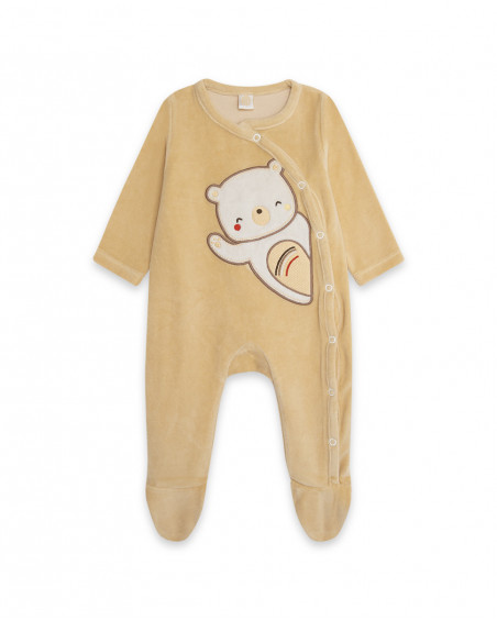 Grenouillère en velours long avec pieds teddy garçon beige Grenouillère en velours long avec pieds teddy garçon beige