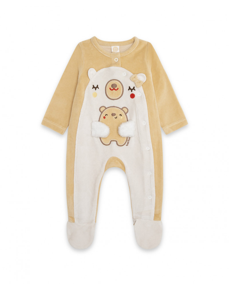 Grenouillère en velours avec pieds garçon beige brownie bears