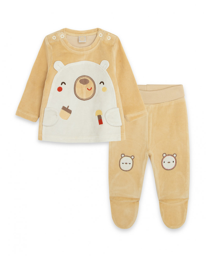 Ensemble velours long avec pieds garçon beige brownie bears