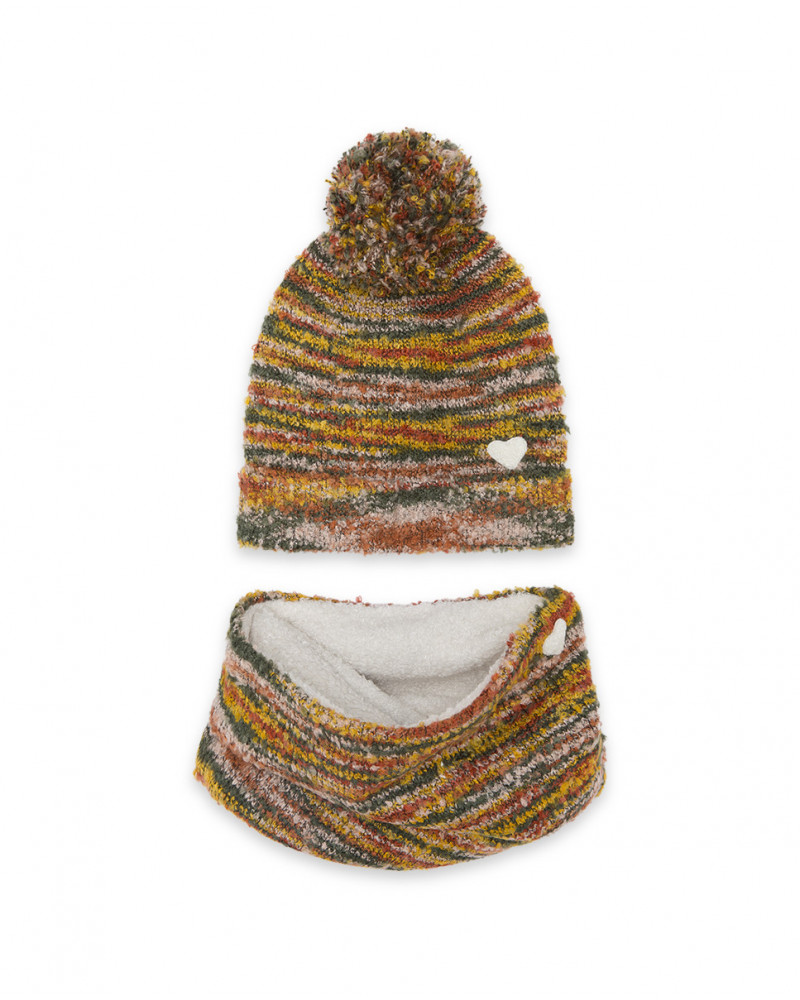 Bonnet et cache-cou en tricot imprimé fille orange hidden nature