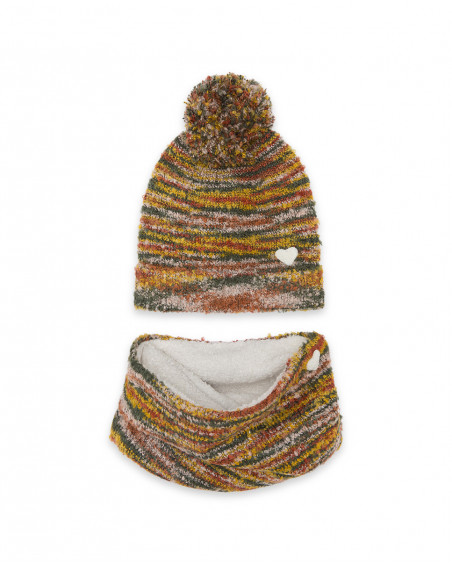 Bonnet et cache-cou en tricot imprimé fille orange hidden nature Bonnet et cache-cou en tricot imprimé fille orange hidden nature