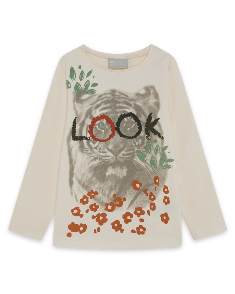 Tee-shirt en jersey tigre fille beige hidden nature