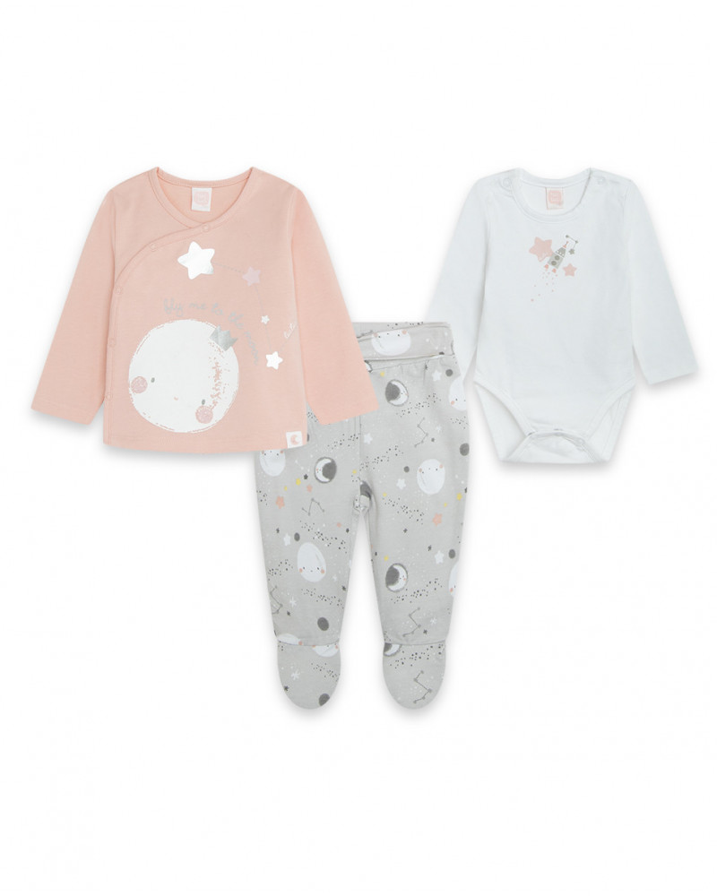 Ensemble 3 pièces jersey long avec pieds fille rose luna llena