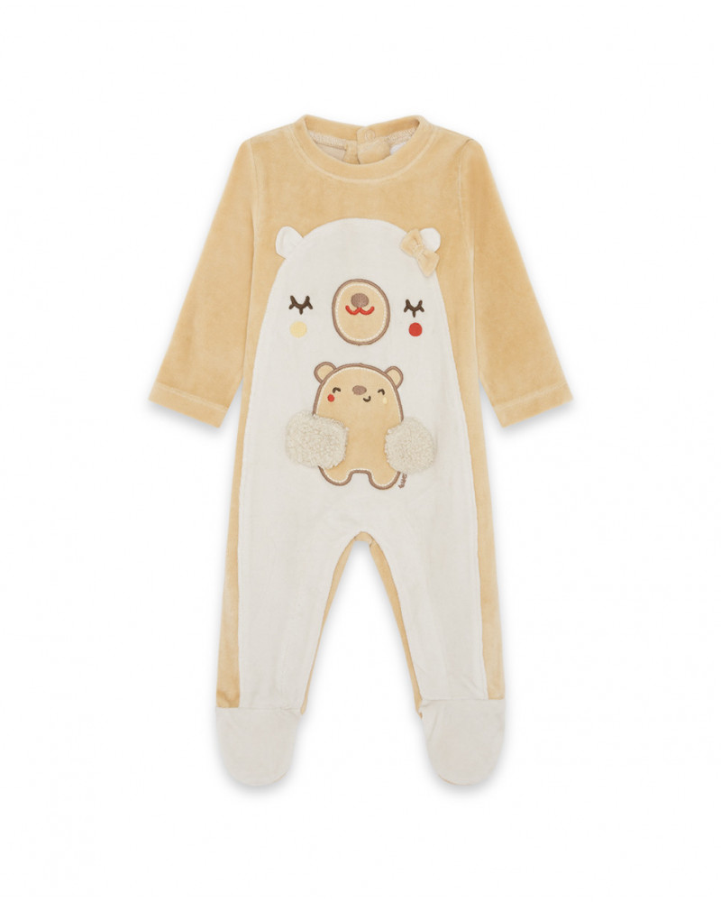 Grenouillère en velours avec pieds teddy garçon beige brownie