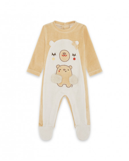 Grenouillère en velours avec pieds teddy garçon beige brownie Grenouillère en velours avec pieds teddy garçon beige brownie