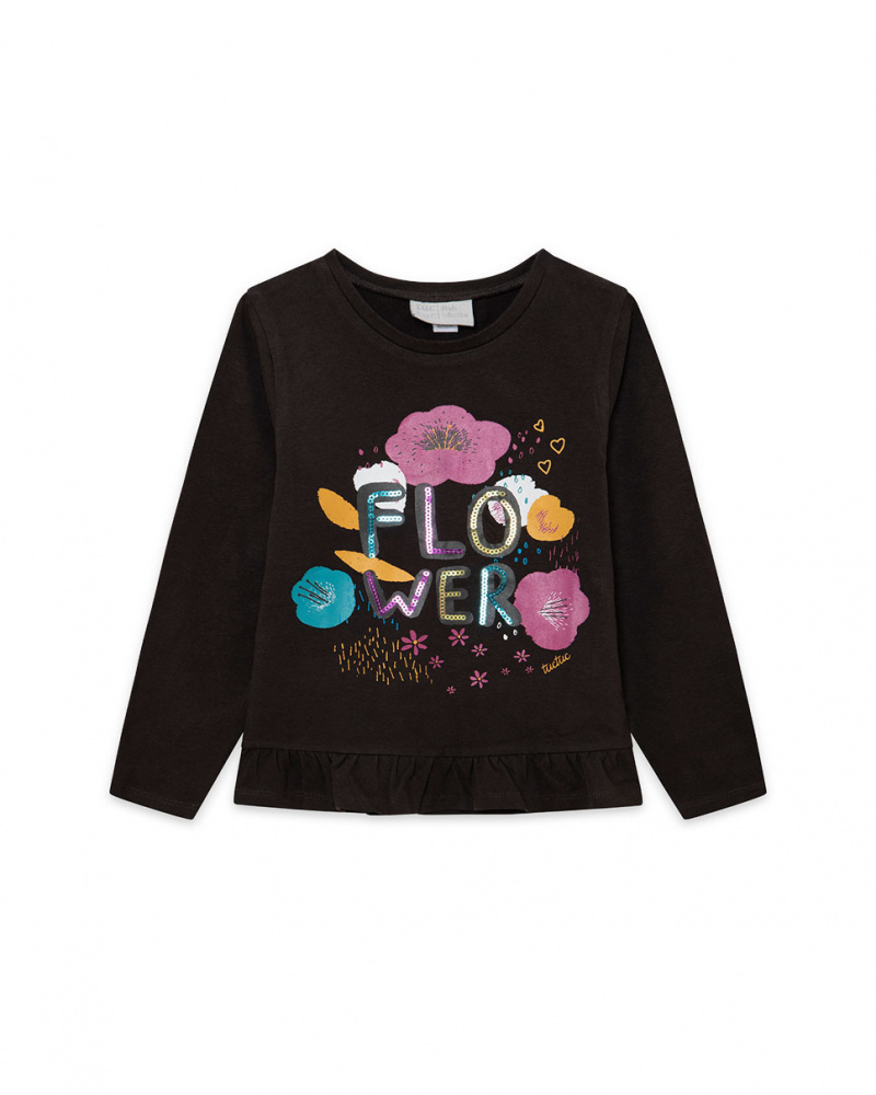 T-shirt fille en maille marron et rose Fleurs d'hiver