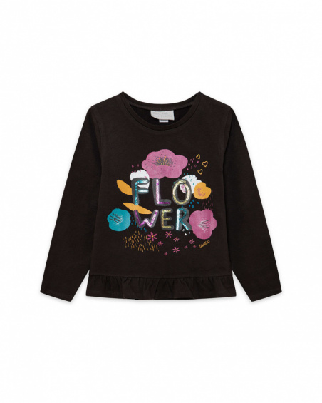 T-shirt fille en maille marron et rose Fleurs d'hiver