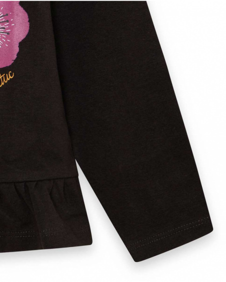 T-shirt fille en maille marron et rose Fleurs d'hiver