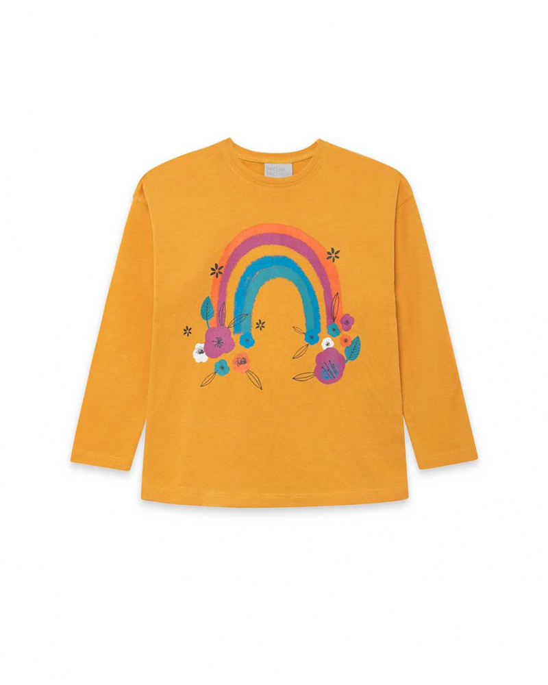 T-shirt tricoté fille orange et rose Fleurs d'hiver
