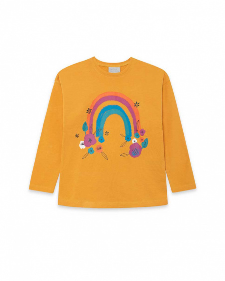 T-shirt tricoté fille orange et rose Fleurs d'hiver