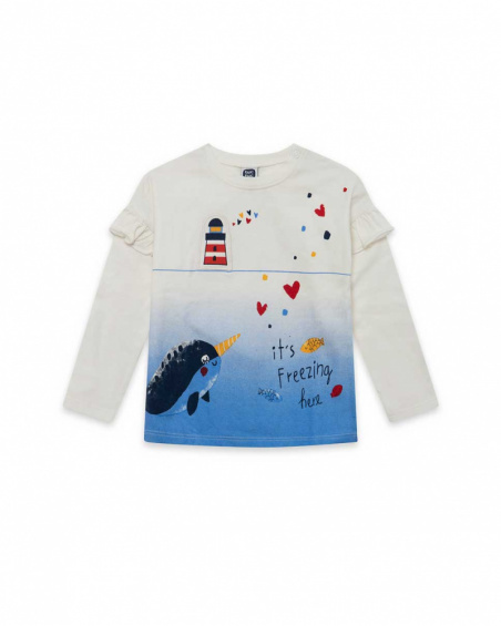 T-shirt en maille blanc et bleu fille Fishing Club