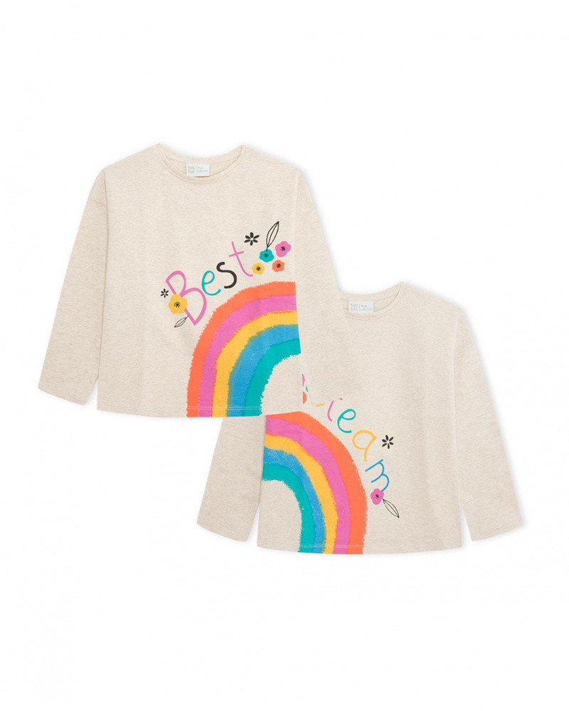 2 T-shirts Beiges en Maille Fille Fleurs d'Hiver