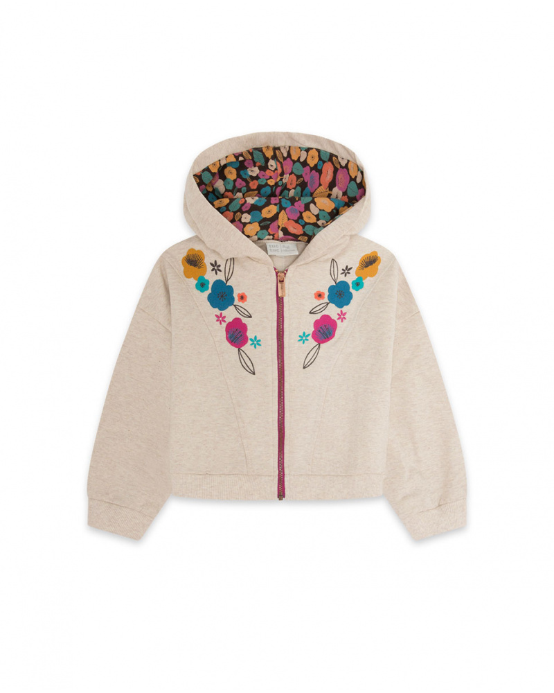 Sweat à Capuche Beige en Peluche Fille Fleurs d'Hiver