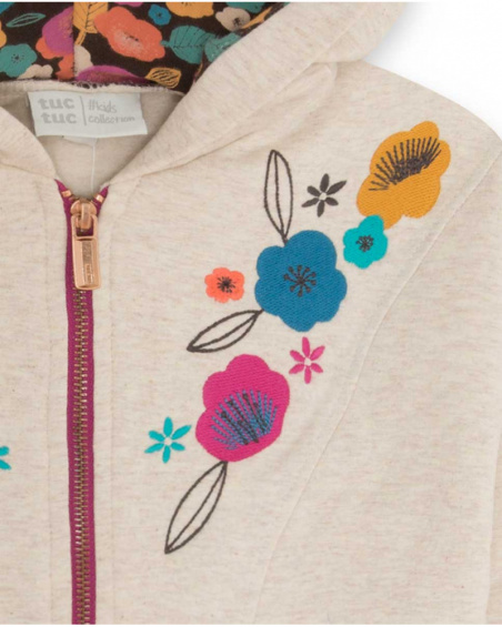 Sweat à Capuche Beige en Peluche Fille Fleurs d'Hiver