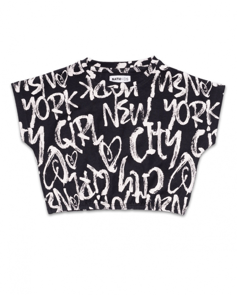 T-shirt stampata in maglia nera per bambina One day in NYC