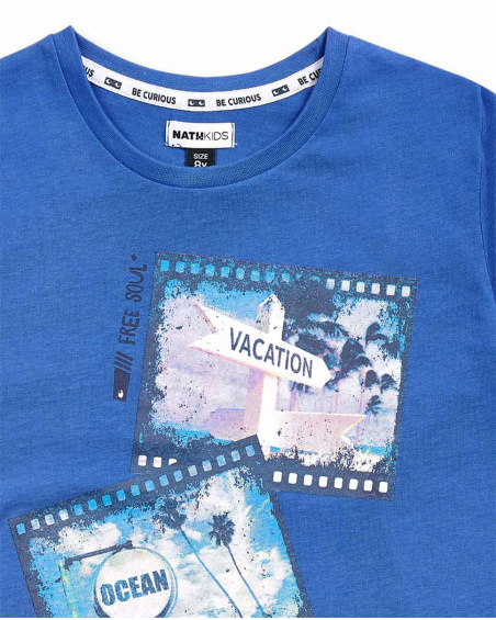 T-shirt lunga in jersey blu per bambino The coast