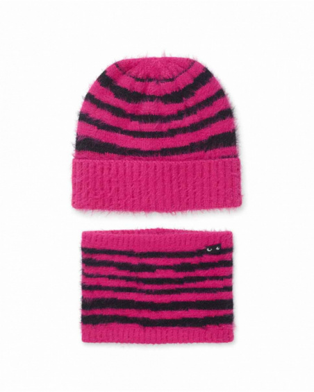 Cappello e sciarpa lavorati a maglia rosa nero per bambina