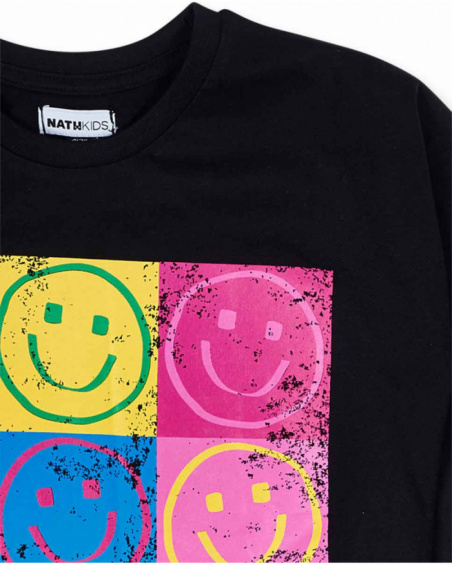 T-shirt nera in maglia per bambina della collezione Happy World