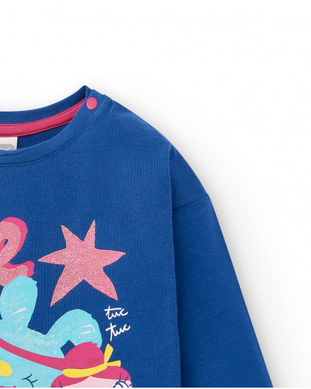 T-shirt blu lavorata a maglia da bambina collezione Run Sing